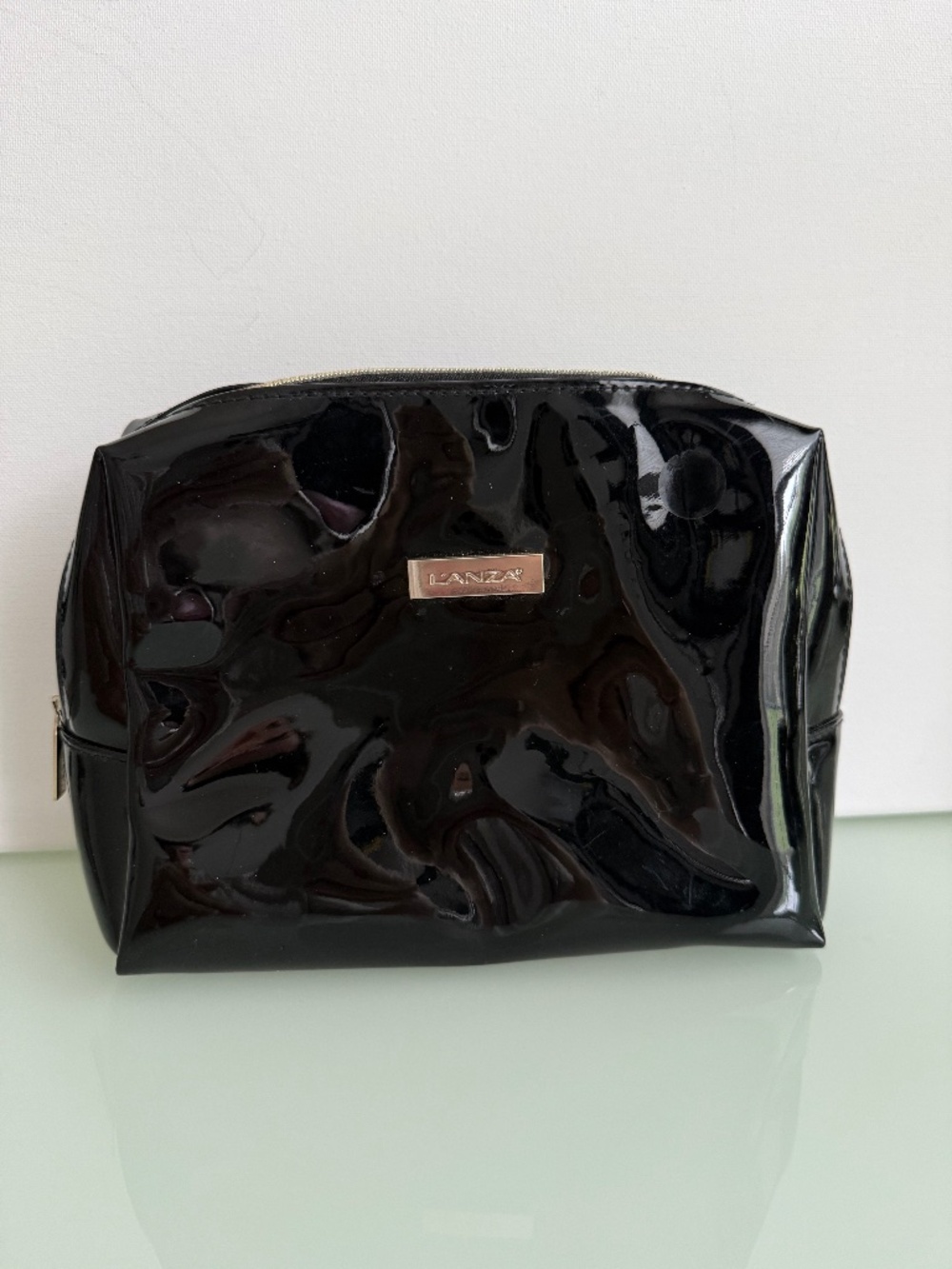 L’ANZA Black Patent Cosmetic Makeup Bag Zip Travel Pouch